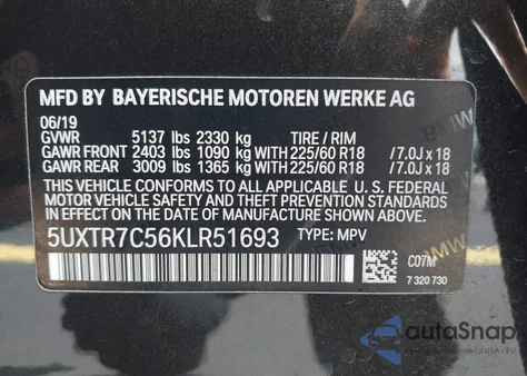 2019 BMW X3 Sdrive30I z USA, uszkodzony, nr VIN 5UXTR7C56KLR51693